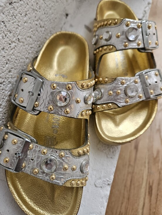 Birkenstock Shoes - Brikenstock x Heidi Glum Collaboration Gold Metallic Slide Sandals